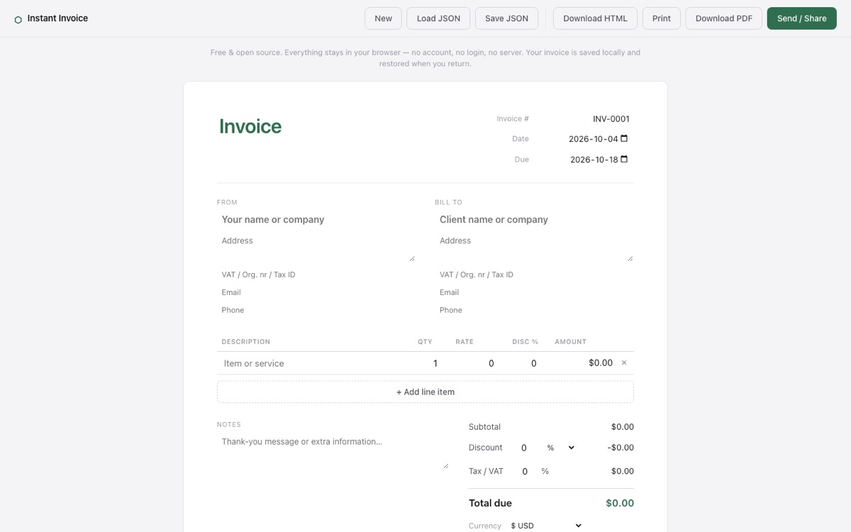 Instant Invoice editor