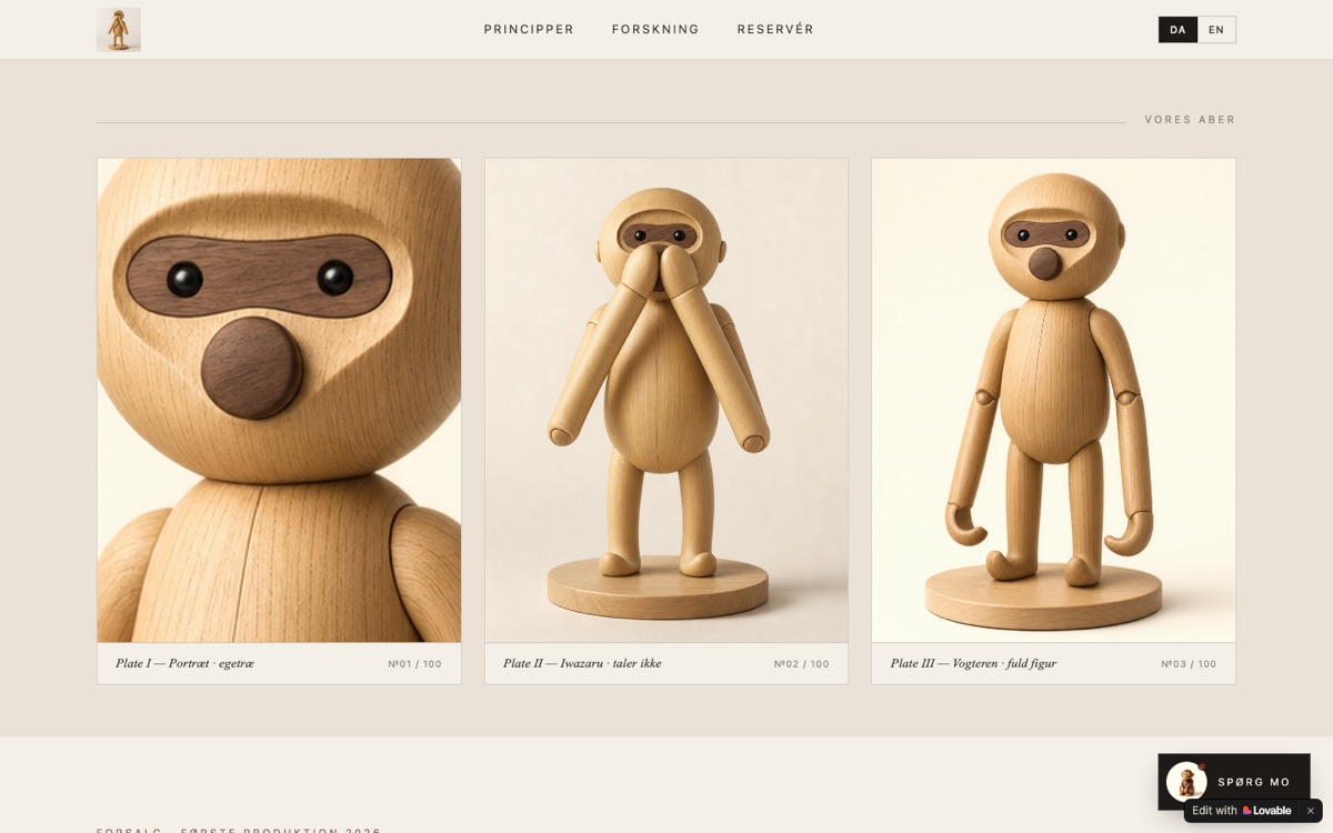 Three wooden OfficeMonkey figures